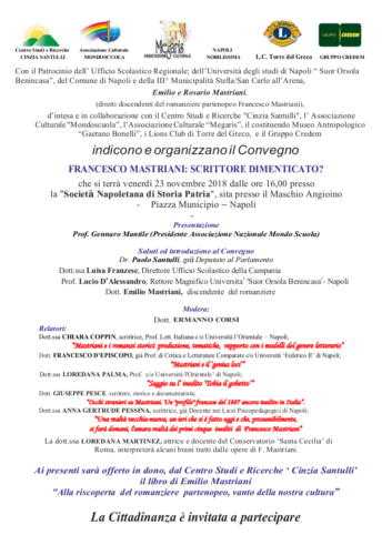 Convegno “Francesco Mastriani: scrittore dimenticato?” Società Napoletana di Storia Patria (23/11/2018)