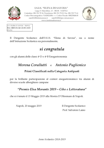 XXXIII "Premio Elsa Morante" Contest Gastronomico (15/5/2019)